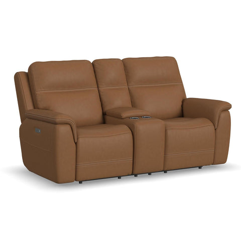 Sawyer Leather Power Loveseat with Console, Power Headrest & Lumbar in Harvest by Flexsteel