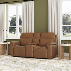 Sawyer Leather Power Loveseat with Console, Power Headrest & Lumbar in Harvest by Flexsteel