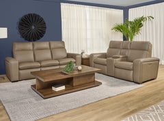 Sense Leather Power Loveseat in Greige with Console, Power Headrest, Lumbar & Pulse by Flexsteel