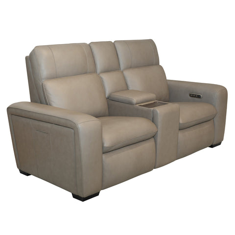 Sense Leather Power Loveseat in Greige with Console, Power Headrest, Lumbar & Pulse by Flexsteel