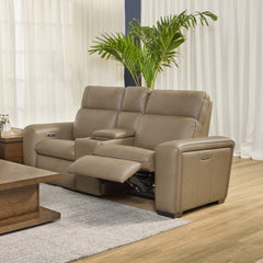 Sense Leather Power Loveseat in Greige with Console, Power Headrest, Lumbar & Pulse by Flexsteel
