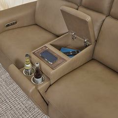 Sense Leather Power Loveseat in Greige with Console, Power Headrest, Lumbar & Pulse by Flexsteel
