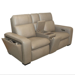 Sense Leather Power Loveseat in Greige with Console, Power Headrest, Lumbar & Pulse by Flexsteel