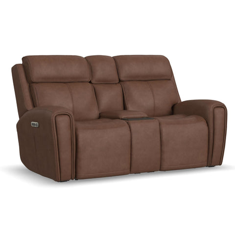 Warren Leather Power Reclining Loveseat with Console, Power Headrest & Lumbar in Classic Brown by Flexsteel