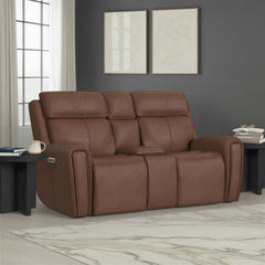 Warren Leather Power Reclining Loveseat with Console, Power Headrest & Lumbar in Classic Brown by Flexsteel