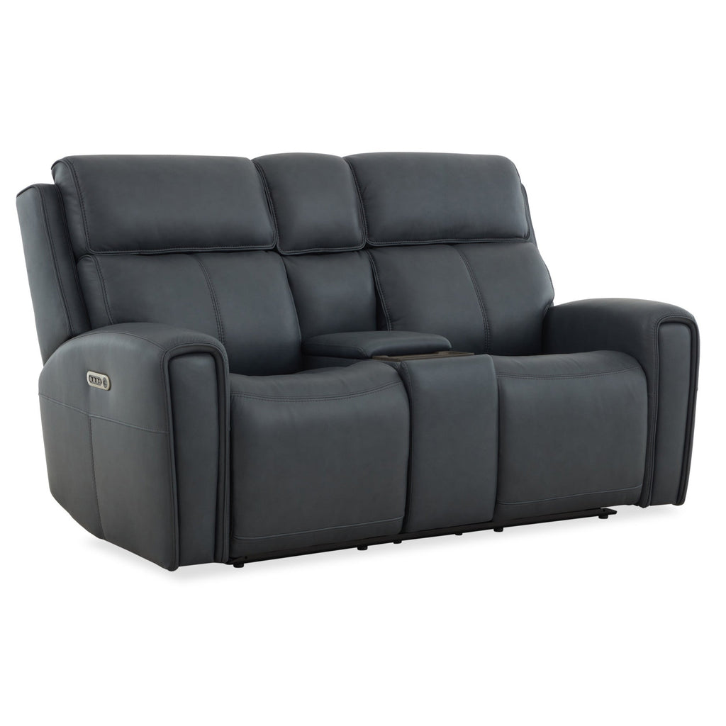 Warren Leather Power Reclining Loveseat with Console, Power Headrest & Lumbar in True Navy by Flexsteel