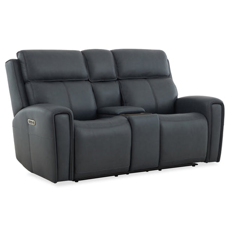 Warren Leather Power Reclining Loveseat with Console, Power Headrest & Lumbar in True Navy by Flexsteel