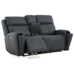 Warren Leather Power Reclining Loveseat with Console, Power Headrest & Lumbar in True Navy by Flexsteel