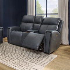 Warren Leather Power Reclining Loveseat with Console, Power Headrest & Lumbar in True Navy by Flexsteel
