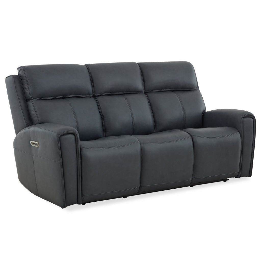 Warren Leather Power Reclining Sofa with Console, Power Headrest & Lumbar in True Navy by Flexsteel