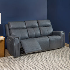 Warren Leather Power Reclining Sofa with Console, Power Headrest & Lumbar in True Navy by Flexsteel