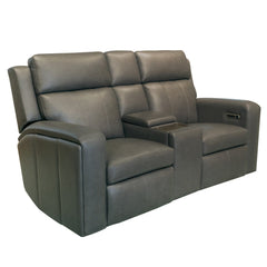 Wyatt Leather Power Reclining Loveseat with Console & Power Headrests & Lumbar in Gunmetal by Flexsteel