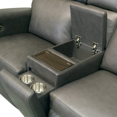 Wyatt Leather Power Reclining Loveseat with Console & Power Headrests & Lumbar in Gunmetal by Flexsteel