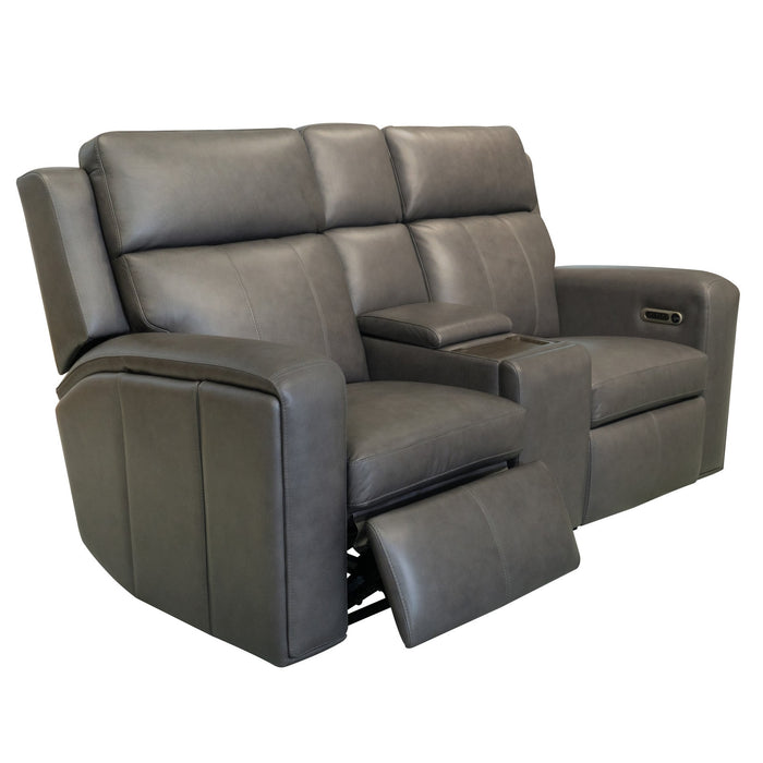 Wyatt Leather Power Reclining Loveseat with Console & Power Headrests & Lumbar in Gunmetal by Flexsteel