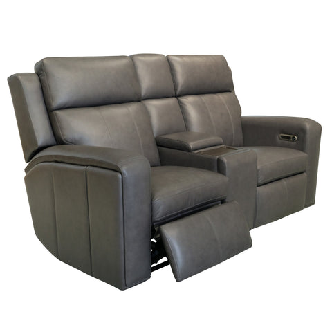 Wyatt Leather Power Reclining Loveseat with Console & Power Headrests & Lumbar in Gunmetal by Flexsteel