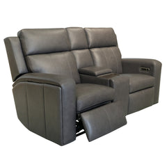 Wyatt Leather Power Reclining Loveseat with Console & Power Headrests & Lumbar in Gunmetal by Flexsteel