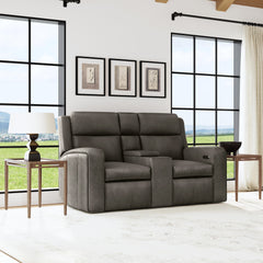 Wyatt Leather Power Reclining Loveseat with Console & Power Headrests & Lumbar in Gunmetal by Flexsteel